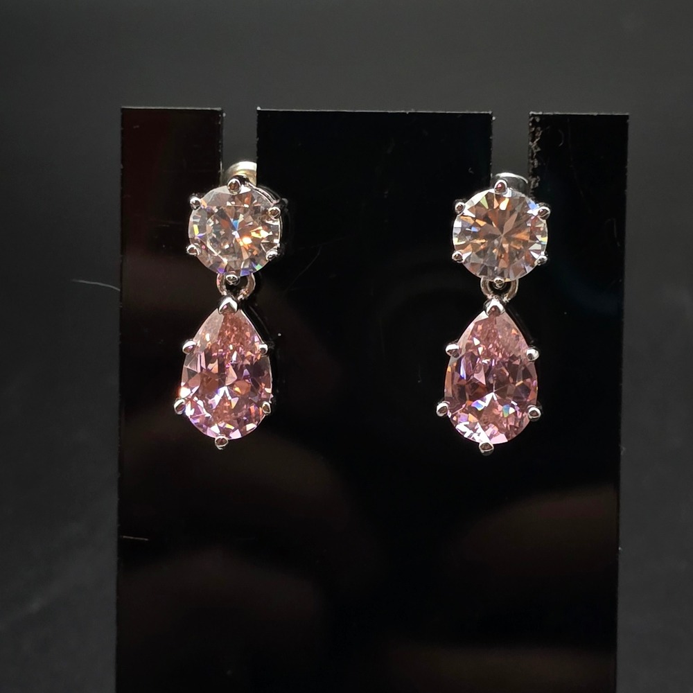 Pink and Clear Cubic Zirconia Teardrop Dangle Earrings Silver Tone